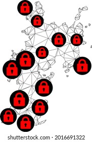 Polygonal mesh lockdown map of Komodo Island. Abstract mesh lines and locks form map of Komodo Island. Vector wire frame 2D polygonal line network in black color with red locks.