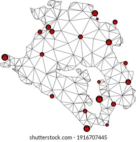 Polygonal mesh lockdown map of Krasnodarskiy Kray. Abstract mesh lines and locks form map of Krasnodarskiy Kray. Vector wire frame 2D polygonal line network in black color with red locks.
