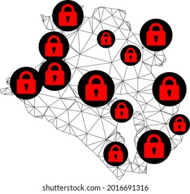 Polygonal mesh lockdown map of Krasnodarskiy Kray. Abstract mesh lines and locks form map of Krasnodarskiy Kray. Vector wire frame 2D polygonal line network in black color with red locks.