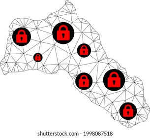 Polygonal mesh lockdown map of Kurdistan. Abstract mesh lines and locks form map of Kurdistan. Vector wire frame 2D polygonal line network in black color with red locks.