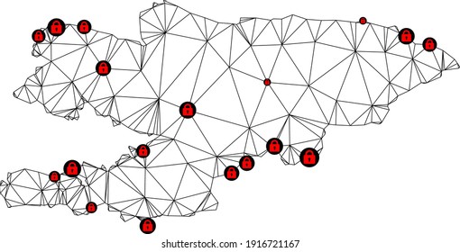 Polygonale Maschenversperrkarte Kirgisistans. Abstrakte Maschenlinien und Schlösser bilden eine Karte Kirgisistans. Vektor-Draht Rahmen 2D polygonale Linie Netzwerk in schwarzer Farbe mit roten Schlössern.