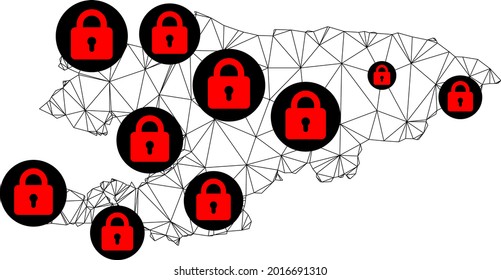 Polygonal mesh lockdown map of Kyrgyzstan. Abstract mesh lines and locks form map of Kyrgyzstan. Vector wire frame 2D polygonal line network in black color with red locks.