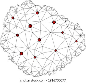 Polygonal mesh lockdown map of La Gomera Island. Abstract mesh lines and locks form map of La Gomera Island. Vector wire frame 2D polygonal line network in black color with red locks.