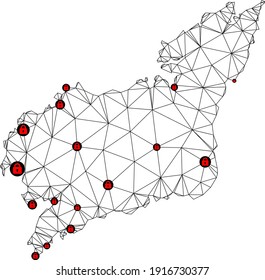 Polygonal mesh lockdown map of La Coruna Province. Abstract mesh lines and locks form map of La Coruna Province. Vector wire frame 2D polygonal line network in black color with red locks.