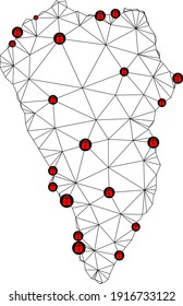 Polygonal mesh lockdown map of La Palma Island. Abstract mesh lines and locks form map of La Palma Island. Vector wire frame 2D polygonal line network in black color with red locks.