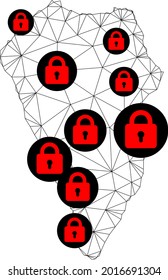 Polygonal mesh lockdown map of La Palma Island. Abstract mesh lines and locks form map of La Palma Island. Vector wire frame 2D polygonal line network in black color with red locks.