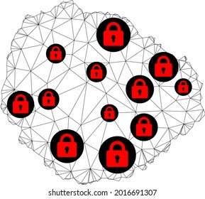 Polygonal mesh lockdown map of La Gomera Island. Abstract mesh lines and locks form map of La Gomera Island. Vector wire frame 2D polygonal line network in black color with red locks.