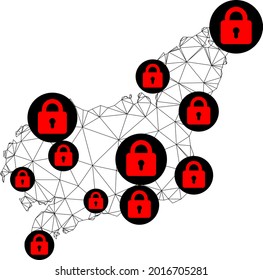 Polygonal mesh lockdown map of La Coruna Province. Abstract mesh lines and locks form map of La Coruna Province. Vector wire frame 2D polygonal line network in black color with red locks.