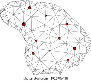 Polygonal mesh lockdown map of Lanai Island. Abstract mesh lines and locks form map of Lanai Island. Vector wire frame 2D polygonal line network in black color with red locks.