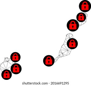 Polygonal mesh lockdown map of Las Palmas Province. Abstract mesh lines and locks form map of Las Palmas Province. Vector wire frame 2D polygonal line network in black color with red locks.