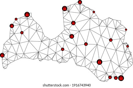 Mapa poligonal de bloqueo de malla de Letonia. Resumen de líneas de malla y cerraduras de un mapa de Letonia. Red de línea poligonal 2D del marco de alambre de vectores en color negro con cerraduras rojas. Modelo de marco para plantillas políticas.
