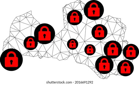 Polygonal mesh lockdown map of Latvia. Abstract mesh lines and locks form map of Latvia. Vector wire frame 2D polygonal line network in black color with red locks. Frame model for political purposes.