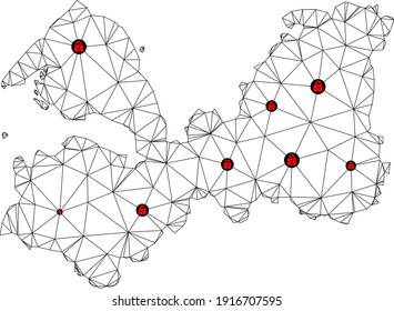 Polygonal mesh lockdown map of Leningrad Region. Abstract mesh lines and locks form map of Leningrad Region. Vector wire frame 2D polygonal line network in black color with red locks.