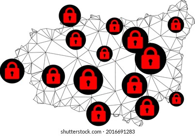 Polygonal mesh lockdown map of Leon Province. Abstract mesh lines and locks form map of Leon Province. Vector wire frame 2D polygonal line network in black color with red locks.