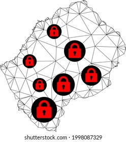 Mapa poligonal de bloqueo de malla de Lesoto. Resumen de líneas de malla y cerraduras de un mapa de Lesoto. Red de línea poligonal 2D del marco de alambre de vectores en color negro con cerraduras rojas.