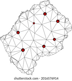 Polygonal mesh lockdown map of Lesotho. Abstract mesh lines and locks form map of Lesotho. Vector wire frame 2D polygonal line network in black color with red locks.