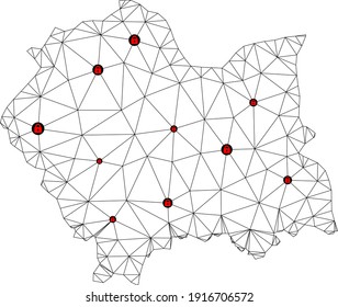 Polygonal mesh lockdown map of Lesser Poland Province. Abstract mesh lines and locks form map of Lesser Poland Province. Vector wire frame 2D polygonal line network in black color with red locks.