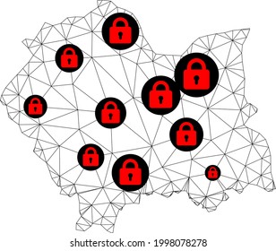 Polygonal mesh lockdown map of Lesser Poland Province. Abstract mesh lines and locks form map of Lesser Poland Province. Vector wire frame 2D polygonal line network in black color with red locks.