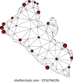 Polygonal mesh lockdown map of Liberia. Abstract mesh lines and locks form map of Liberia. Vector wire frame 2D polygonal line network in black color with red locks.