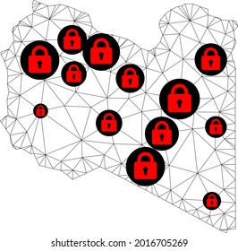 Polygonal mesh lockdown map of Libya. Abstract mesh lines and locks form map of Libya. Vector wire frame 2D polygonal line network in black color with red locks. Frame model for political posters.