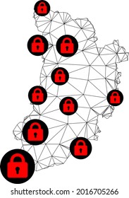 Polygonal mesh lockdown map of Lleida Province. Abstract mesh lines and locks form map of Lleida Province. Vector wire frame 2D polygonal line network in black color with red locks.