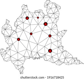 Polygonal mesh lockdown map of Lombardy region. Abstract mesh lines and locks form map of Lombardy region. Vector wire frame 2D polygonal line network in black color with red locks.