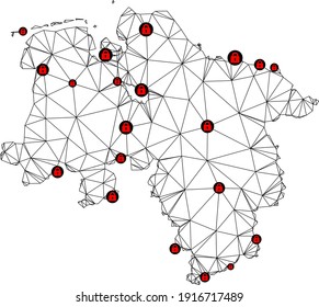 Polygonal mesh lockdown map of Lower Saxony State. Abstract mesh lines and locks form map of Lower Saxony State. Vector wire frame 2D polygonal line network in black color with red locks.