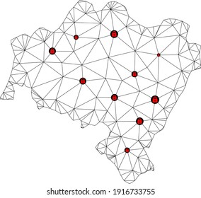 Polygonal mesh lockdown map of Lower Silesia Province. Abstract mesh lines and locks form map of Lower Silesia Province. Vector wire frame 2D polygonal line network in black color with red locks.