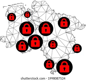 Polygonal mesh lockdown map of Lower Saxony State. Abstract mesh lines and locks form map of Lower Saxony State. Vector wire frame 2D polygonal line network in black color with red locks.