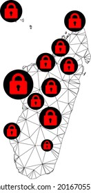 Polygonal mesh lockdown map of Madagascar Island. Abstract mesh lines and locks form map of Madagascar Island. Vector wire frame 2D polygonal line network in black color with red locks.