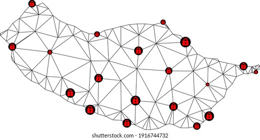 Polygonal mesh lockdown map of Madeira Island. Abstract mesh lines and locks form map of Madeira Island. Vector wire frame 2D polygonal line network in black color with red locks.