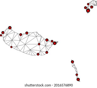 Polygonal mesh lockdown map of Madeira Islands. Abstract mesh lines and locks form map of Madeira Islands. Vector wire frame 2D polygonal line network in black color with red locks.