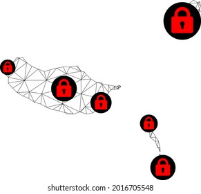 Polygonal mesh lockdown map of Madeira Islands. Abstract mesh lines and locks form map of Madeira Islands. Vector wire frame 2D polygonal line network in black color with red locks.