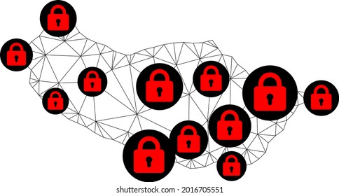 Polygonal mesh lockdown map of Madeira Island. Abstract mesh lines and locks form map of Madeira Island. Vector wire frame 2D polygonal line network in black color with red locks.