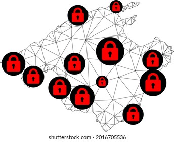 Polygonal mesh lockdown map of Majorca. Abstract mesh lines and locks form map of Majorca. Vector wire frame 2D polygonal line network in black color with red locks.