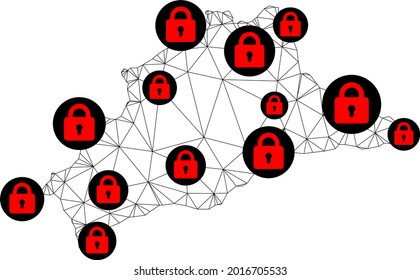 Polygonal mesh lockdown map of Malaga Province. Abstract mesh lines and locks form map of Malaga Province. Vector wire frame 2D polygonal line network in black color with red locks.