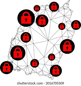Polygonal mesh lockdown map of Manipur State. Abstract mesh lines and locks form map of Manipur State. Vector wire frame 2D polygonal line network in black color with red locks.