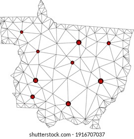 Polygonal mesh lockdown map of Mato Grosso State. Abstract mesh lines and locks form map of Mato Grosso State. Vector wire frame 2D polygonal line network in black color with red locks.