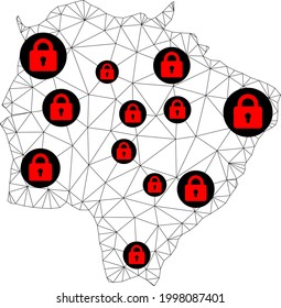 Mapa poligonal de bloqueo de malla del estado de Mato Grosso do Sul. Resumen de líneas de malla y cerraduras de Mato Grosso do Sul State. Red de línea poligonal 2D del marco de alambre de vectores en color negro con cerraduras rojas.