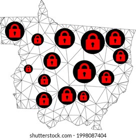 Polygonal mesh lockdown map of Mato Grosso State. Abstract mesh lines and locks form map of Mato Grosso State. Vector wire frame 2D polygonal line network in black color with red locks.