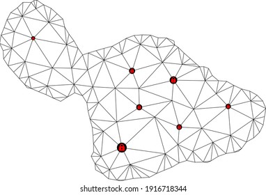 Mapa poligonal de bloqueo de malla de la isla Maui. Resumen de líneas de malla y cerraduras de mapa de la isla Maui. Red de línea poligonal 2D del marco de alambre de vectores en color negro con cerraduras rojas.