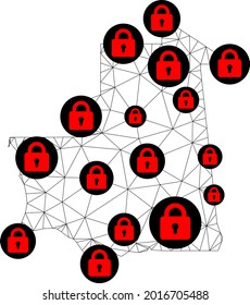 Polygonal mesh lockdown map of Mauritania. Abstract mesh lines and locks form map of Mauritania. Vector wire frame 2D polygonal line network in black color with red locks.