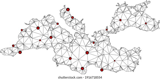 Polygonal mesh lockdown map of Mediterranean Sea. Abstract mesh lines and locks form map of Mediterranean Sea. Vector wire frame 2D polygonal line network in black color with red locks.