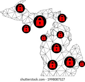 Polygonal mesh lockdown map of Michigan State. Abstract mesh lines and locks form map of Michigan State. Vector wire frame 2D polygonal line network in black color with red locks.