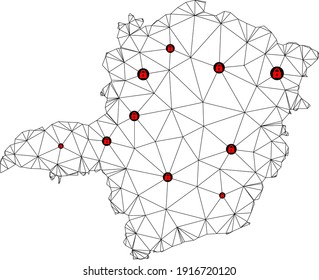 Polygonal mesh lockdown map of Minas Gerais State. Abstract mesh lines and locks form map of Minas Gerais State. Vector wire frame 2D polygonal line network in black color with red locks.