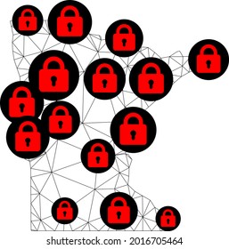 Polygonal mesh lockdown map of Minnesota State. Abstract mesh lines and locks form map of Minnesota State. Vector wire frame 2D polygonal line network in black color with red locks.