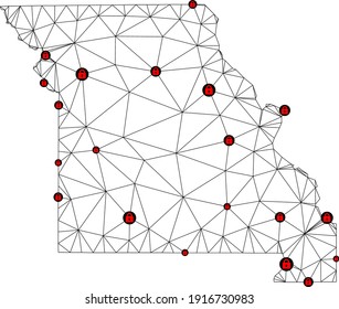 Polygonal mesh lockdown map of Missouri State. Abstract mesh lines and locks form map of Missouri State. Vector wire frame 2D polygonal line network in black color with red locks.
