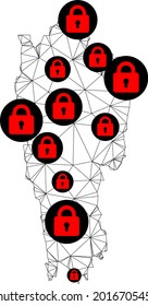Polygonal mesh lockdown map of Mizoram State. Abstract mesh lines and locks form map of Mizoram State. Vector wire frame 2D polygonal line network in black color with red locks.
