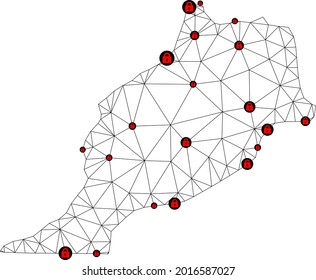 Polygonal mesh lockdown map of Morocco. Abstract mesh lines and locks form map of Morocco. Vector wire frame 2D polygonal line network in black color with red locks.