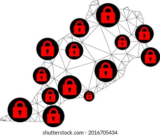 Polygonal mesh lockdown map of Morocco. Abstract mesh lines and locks form map of Morocco. Vector wire frame 2D polygonal line network in black color with red locks. Frame model for political posters.